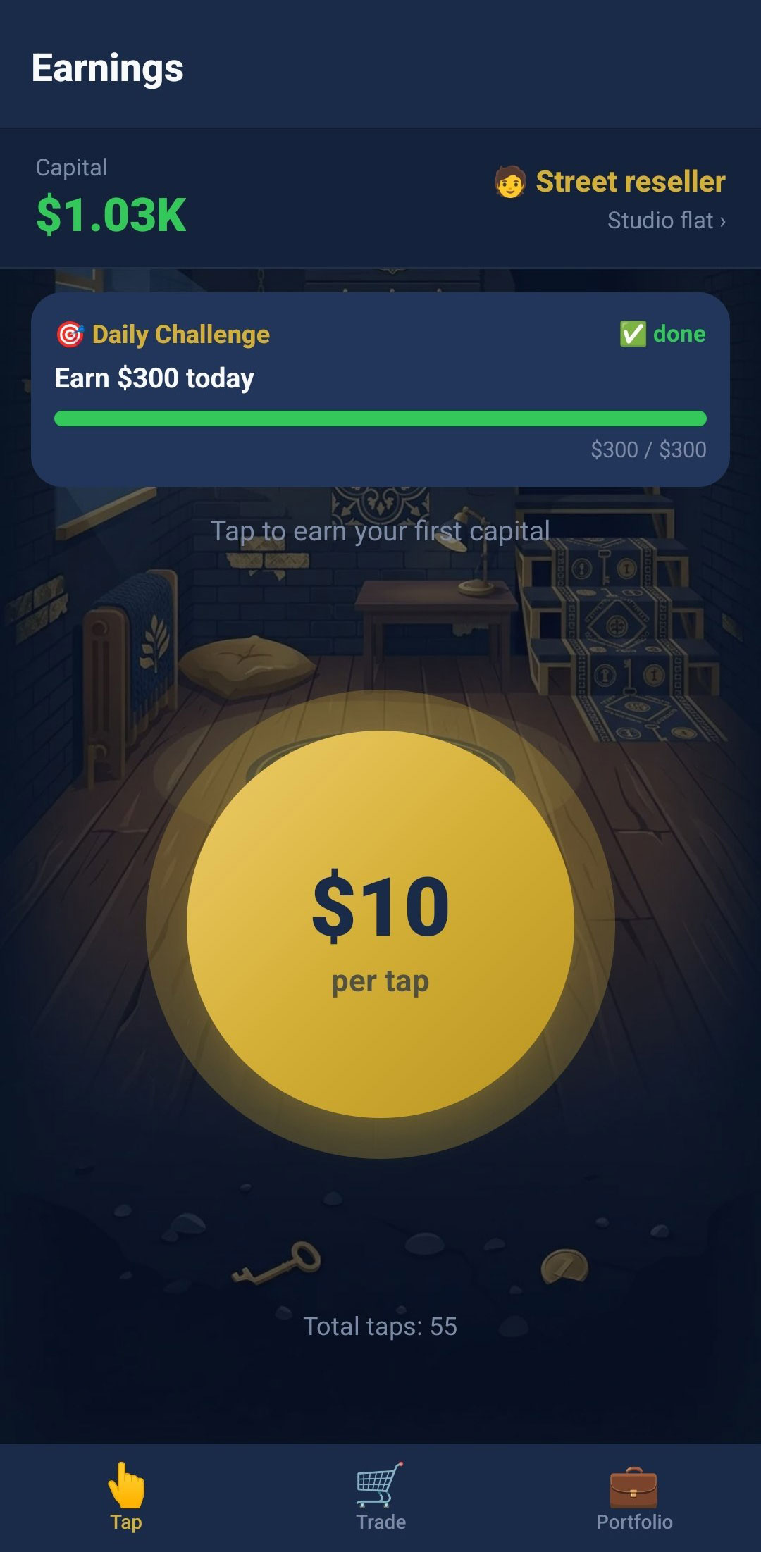 Екран тапів Flip Empire — заробіток першого капіталу в ролі вуличного перекупника: $10 за тап і виконаний щоденний виклик.